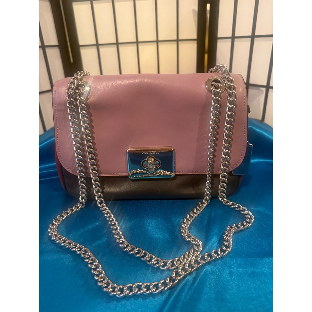 Coach CassidyF72686 Colorblock Leather Crossbody Shoulder Bag Pink/Burgundy Blac